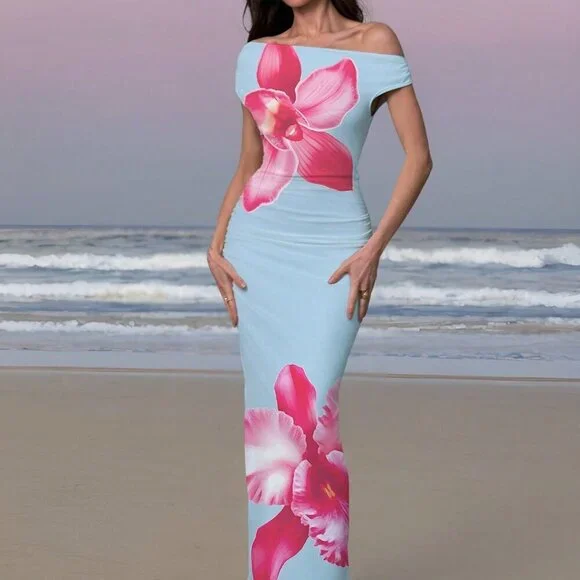 Multicolor Elegant Women's Resort Asymmetric Floral Print Bodycon Long Dress - Picture 1 of 6